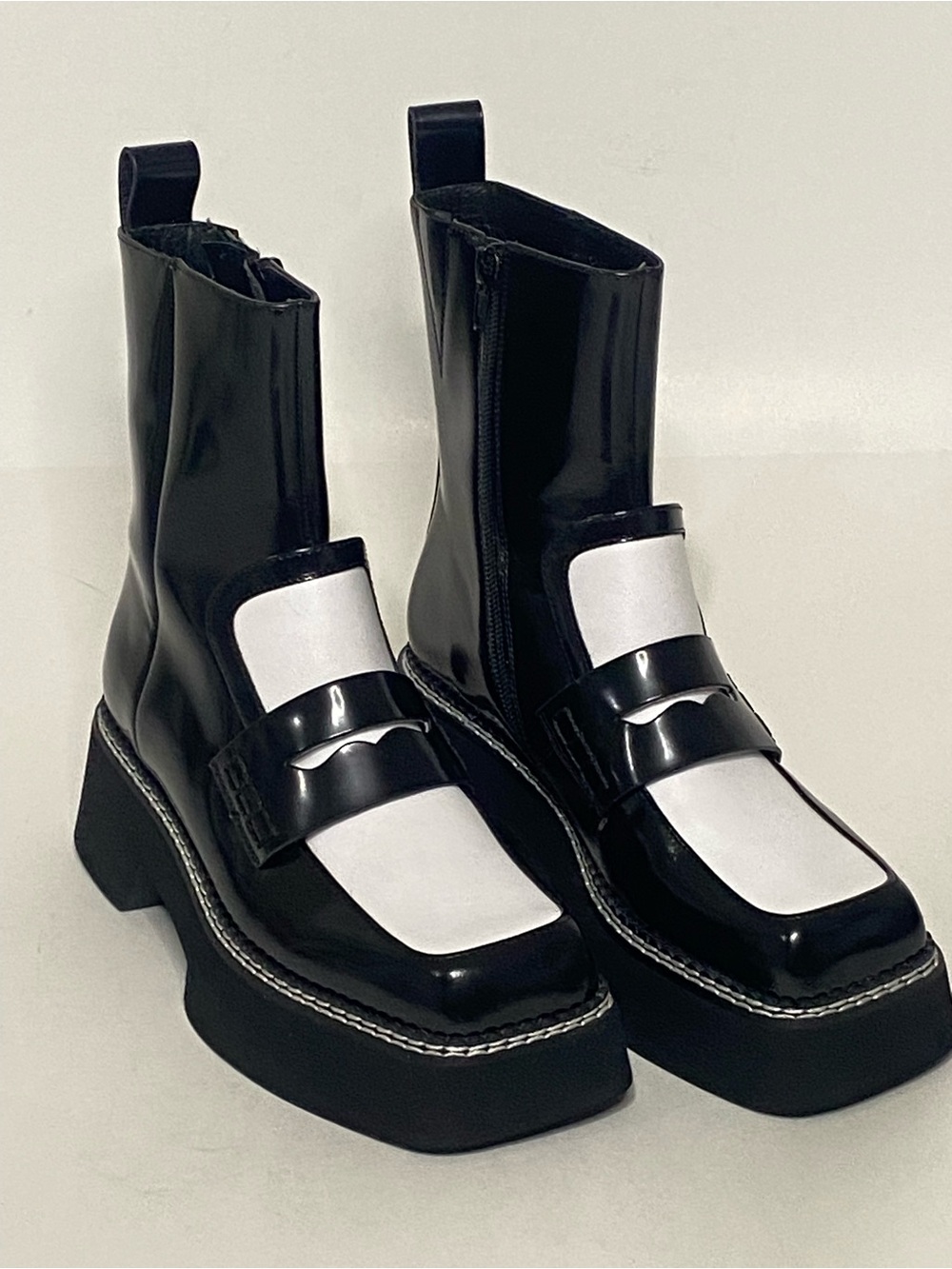 RARE Jeffrey Campbell Tuxie Black White Patent Platform Boots 6.5